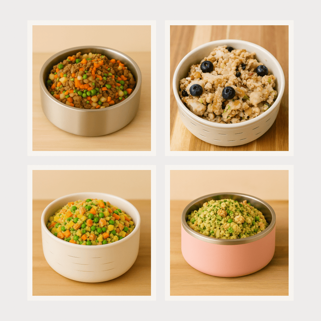 Four bowls of different pet food on a wooden surface