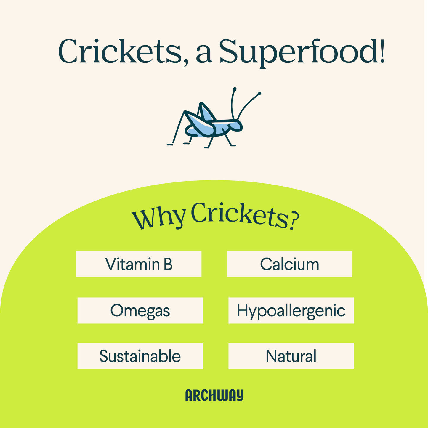 Advertisement for crickets as a superfood with a list of benefits and Archway branding.