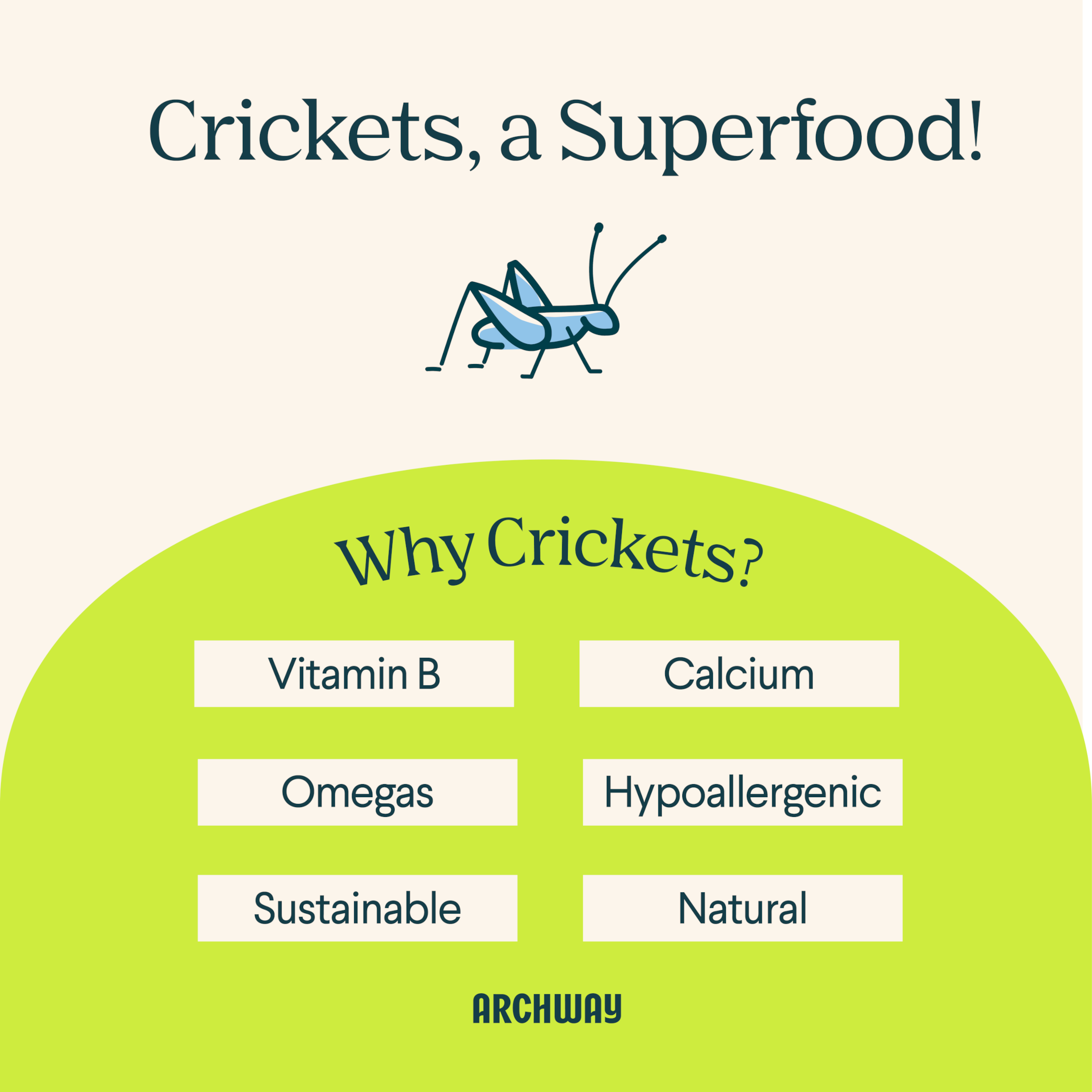 Advertisement for crickets as a superfood with a list of benefits and Archway branding.