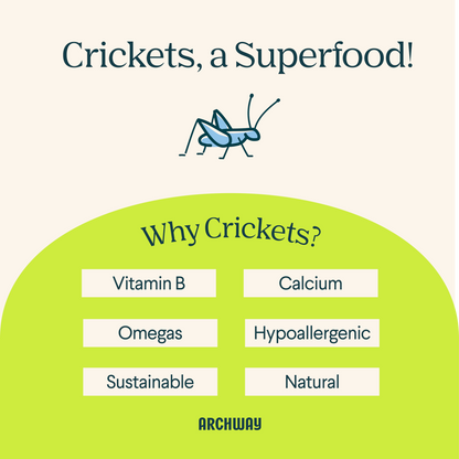 Advertisement for crickets as a superfood with a list of benefits and Archway branding.