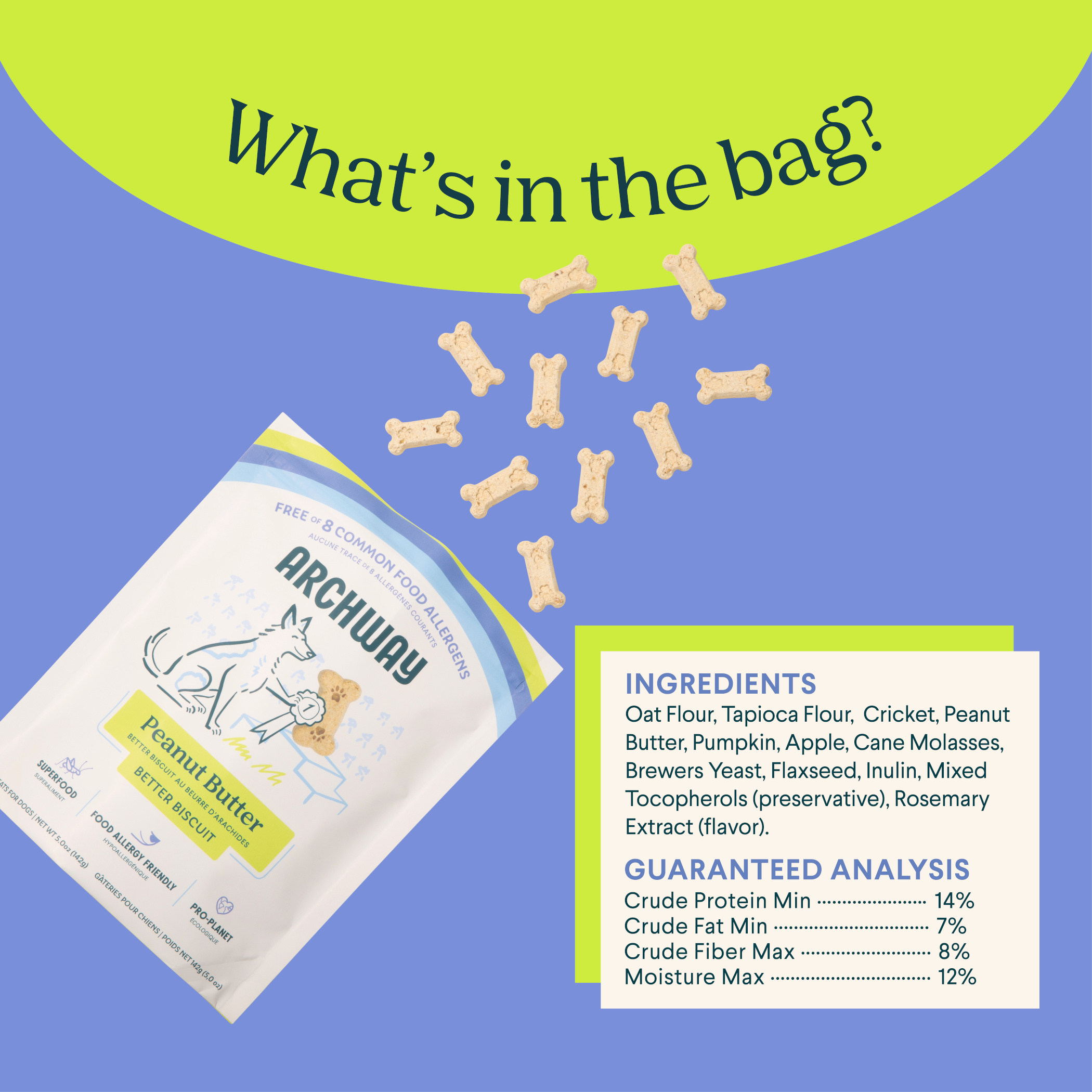 Archway pet food package with ingredients and guaranteed analysis displayed on a blue and green background