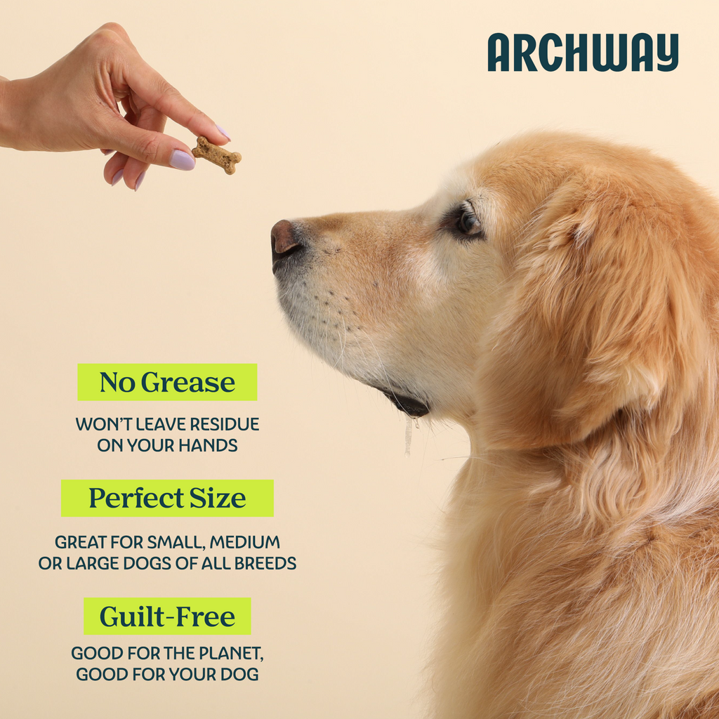 Dog being offered a treat with text about Archway product benefits on a beige background
