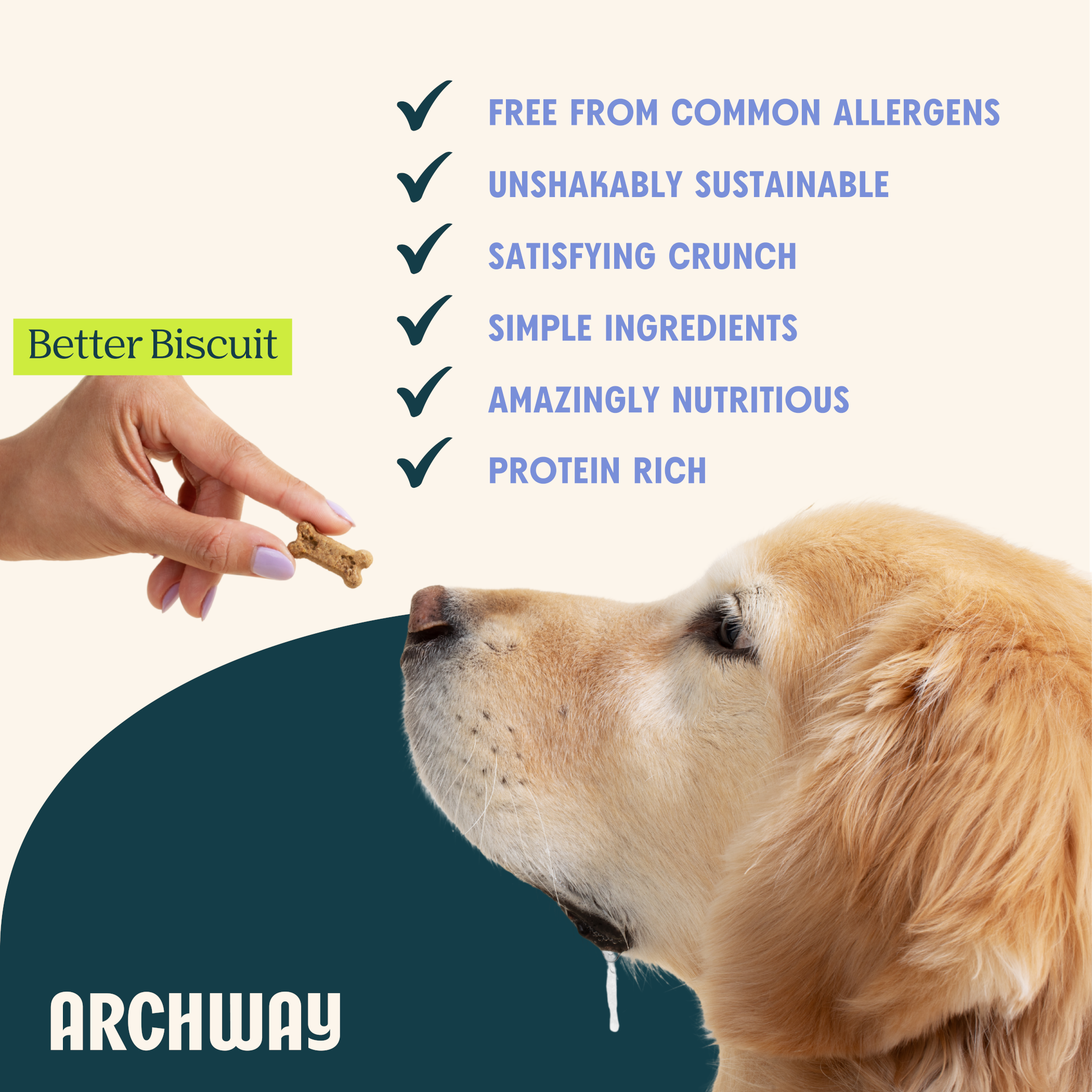 Dog being offered a Better Biscuit with Archway branding and product features listed.