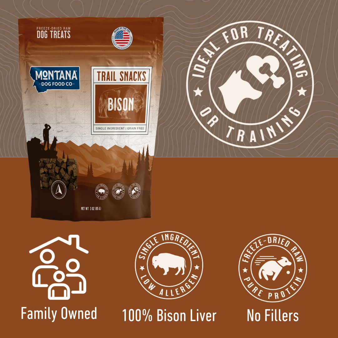 Montana Dog Food Co. trail snacks bison package on a brown background with branding and product details.