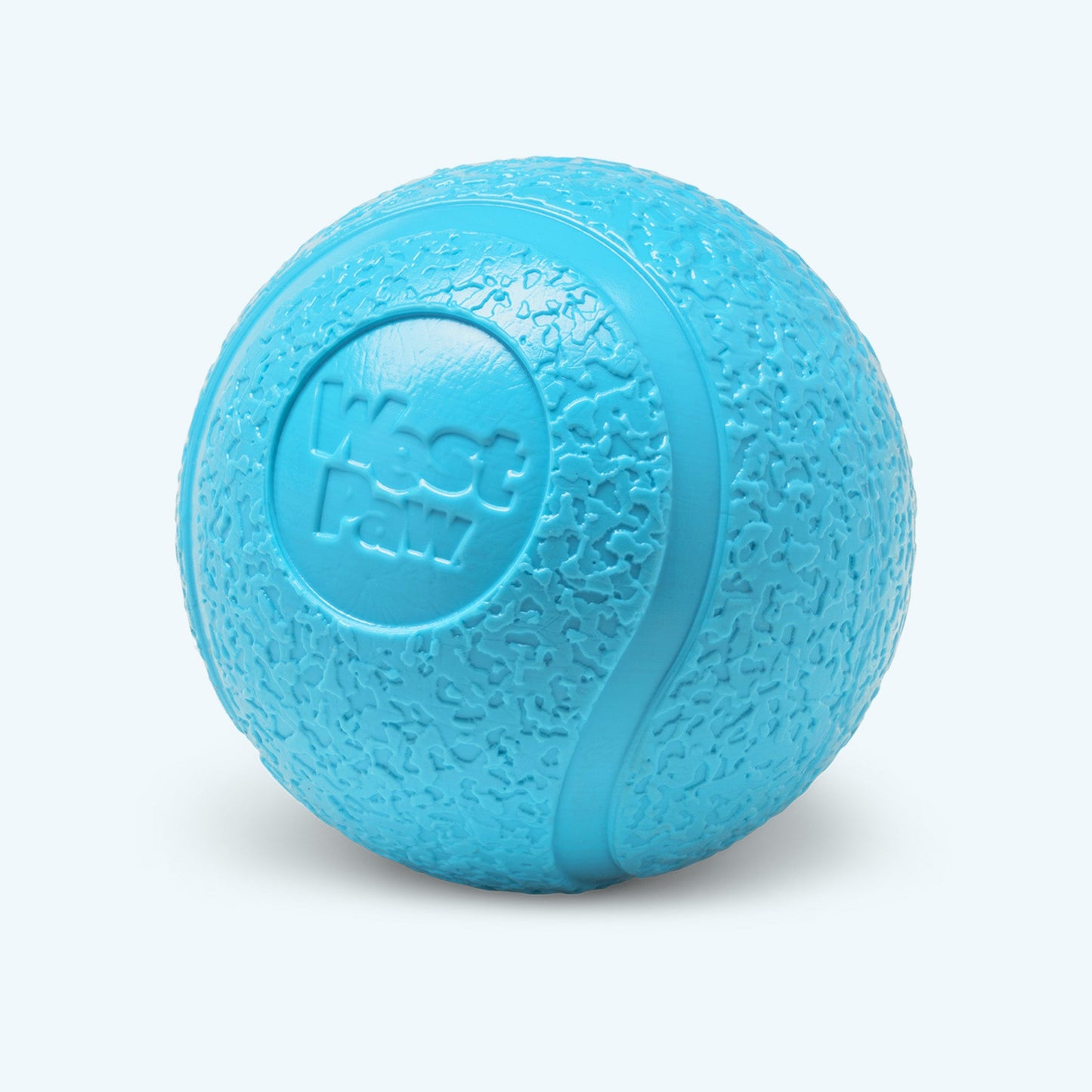 Blue textured ball with a brand logo on a light gray background