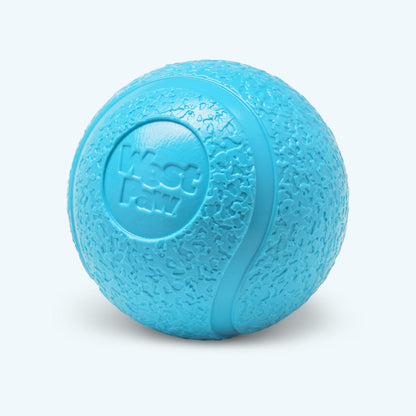 Blue textured ball with a brand logo on a light gray background