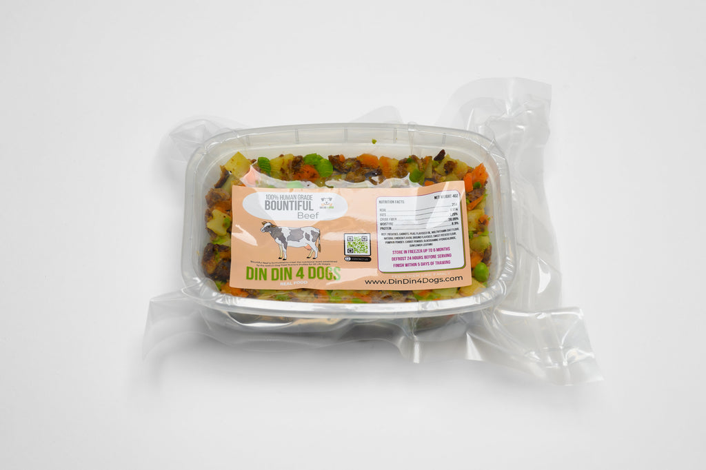 Packaged dog food with a visible label on a white background