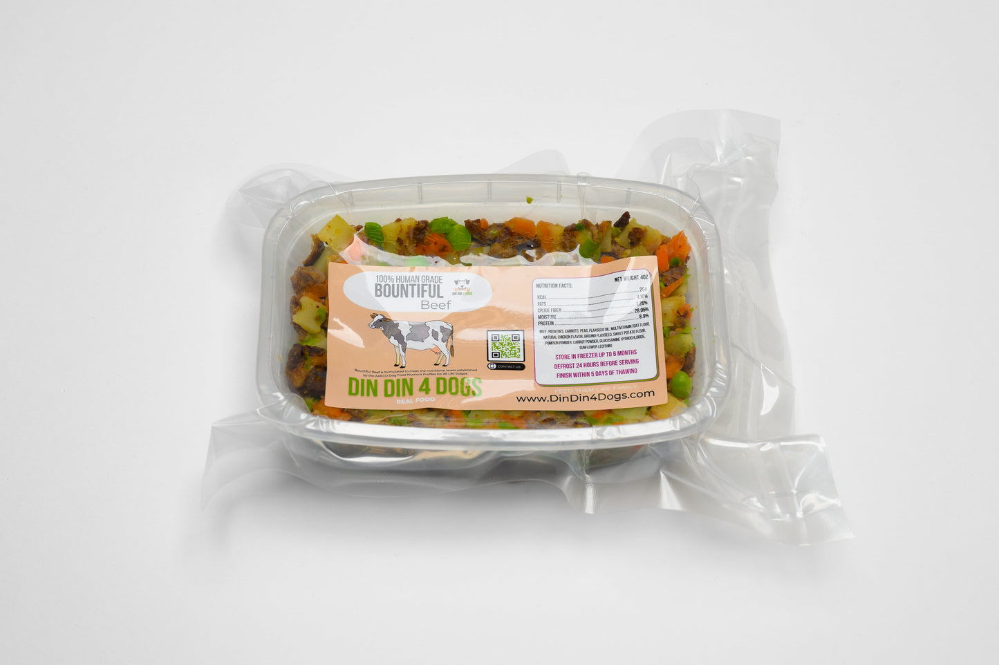 Packaged dog food with a visible label on a white background