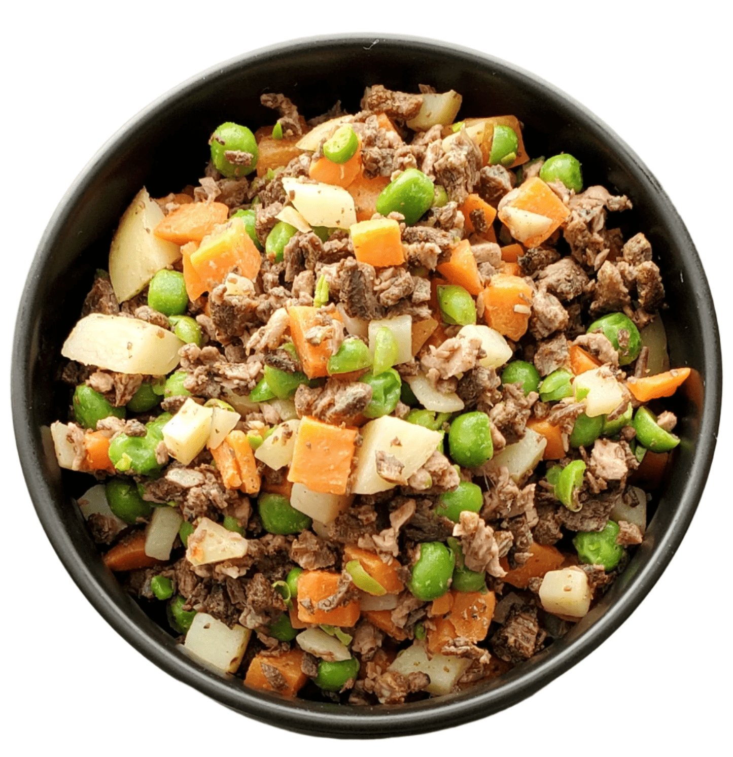 Black bowl filled with ground meat, carrots, peas, and onions on a white background