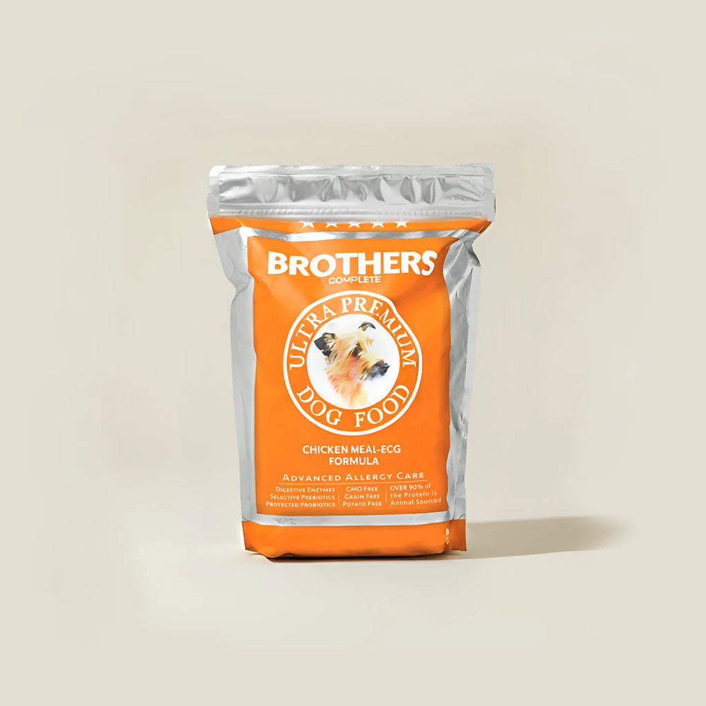 Brothers dog food package on a beige background