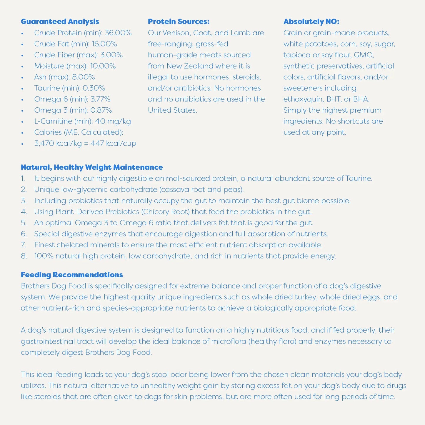 Nutritional information and feeding recommendations for a dog food product on a blue background