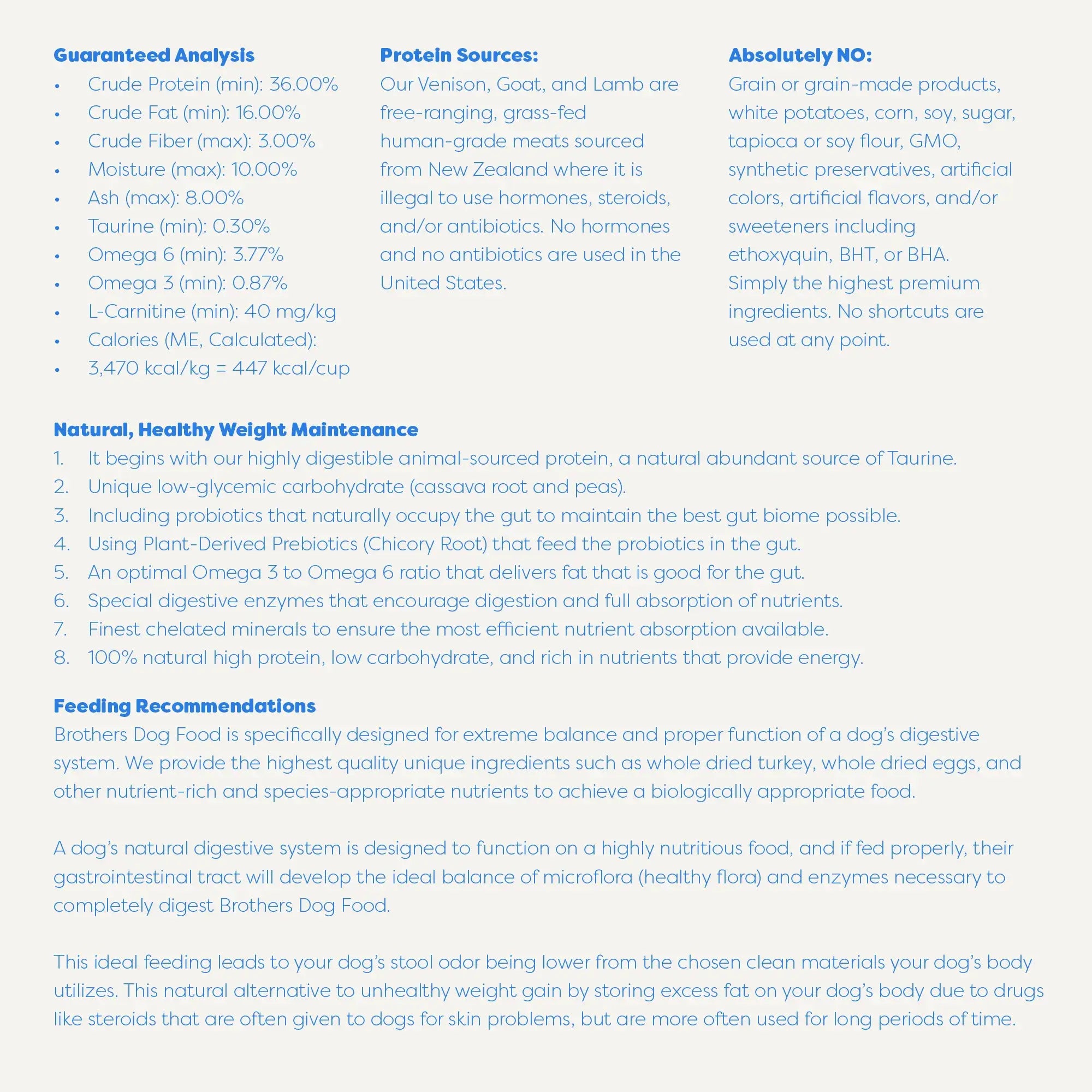 Nutritional information and feeding recommendations for a dog food product on a blue background