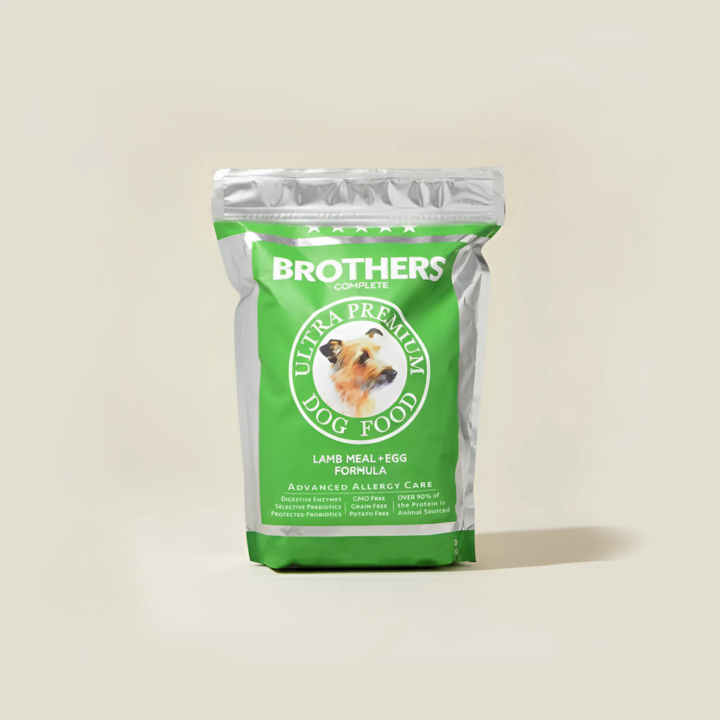Brothers Complete dog food package on a beige background