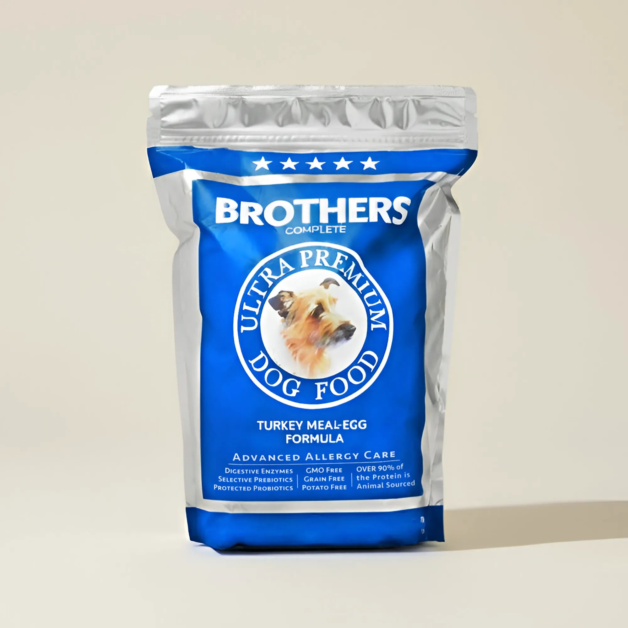 Brothers Complete Ultra Premium Dog Food package on a beige background
