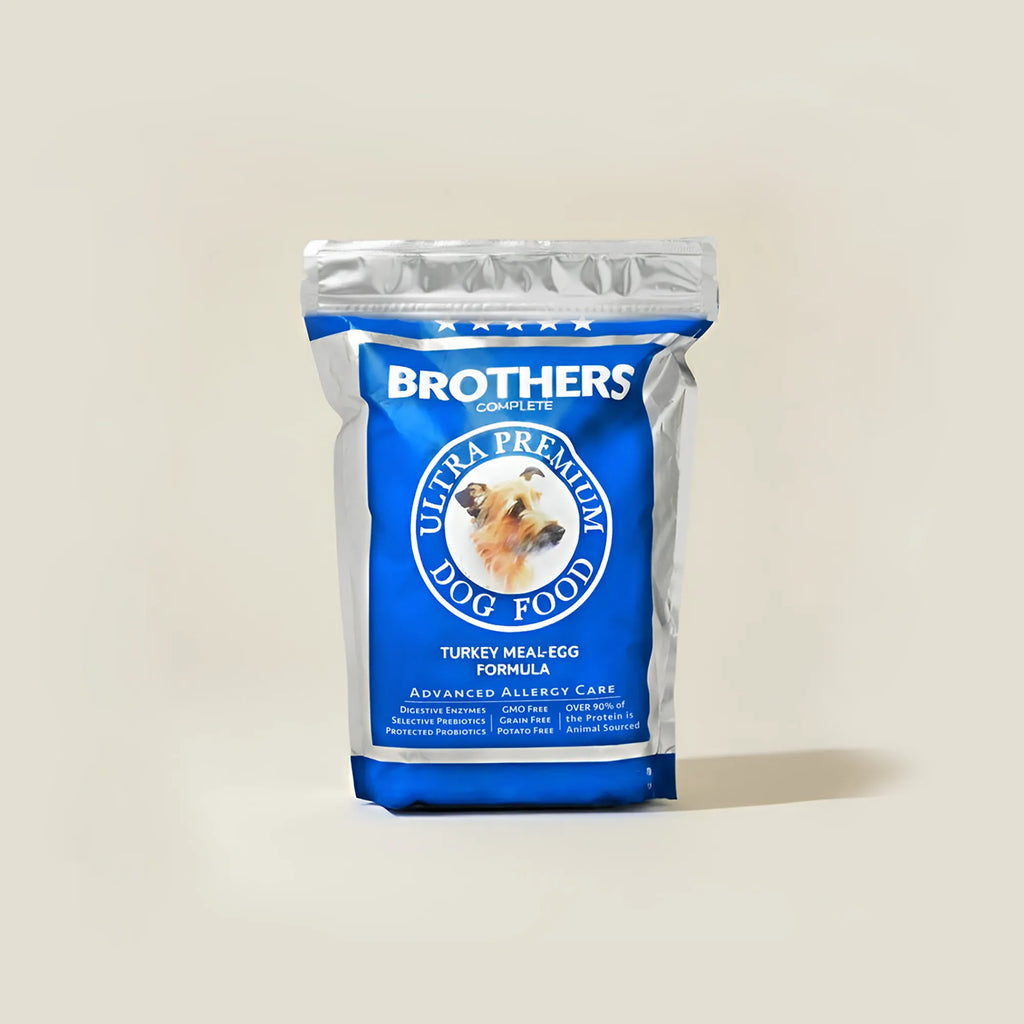Brothers Complete dog food package on a beige background