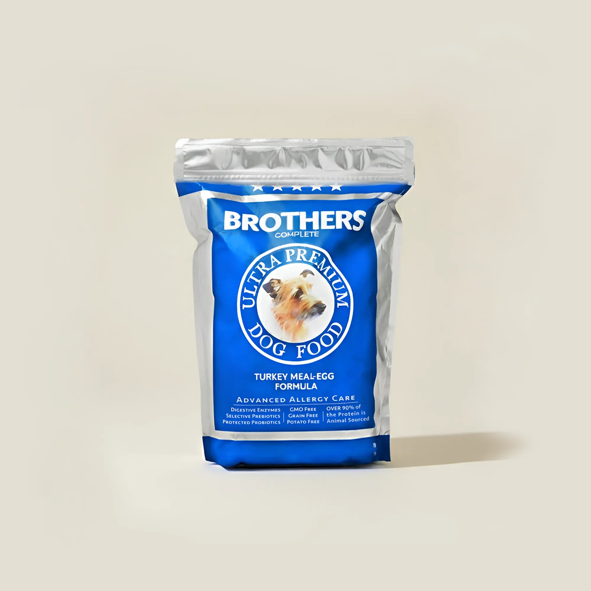 Brothers Complete dog food package on a beige background