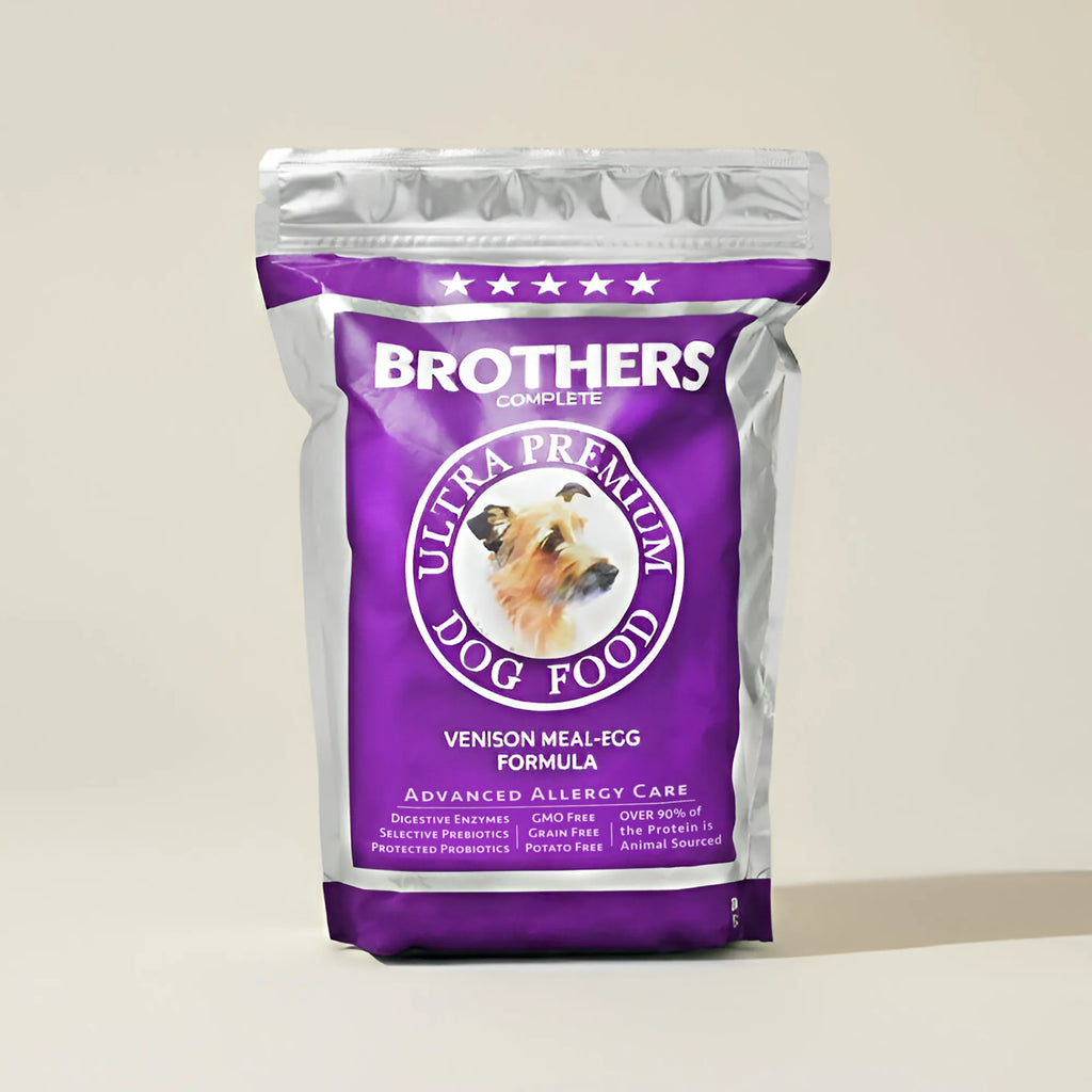 Brothers Ultra Premium Dog Food package on a beige background