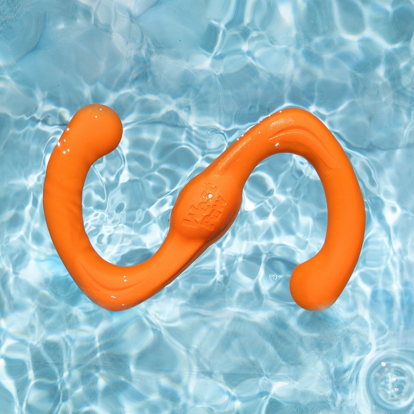 Orange dog toy shaped like a U on clear blue water