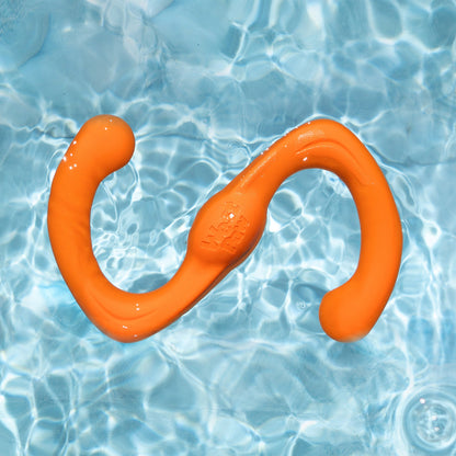 Orange dog toy shaped like a U on clear blue water