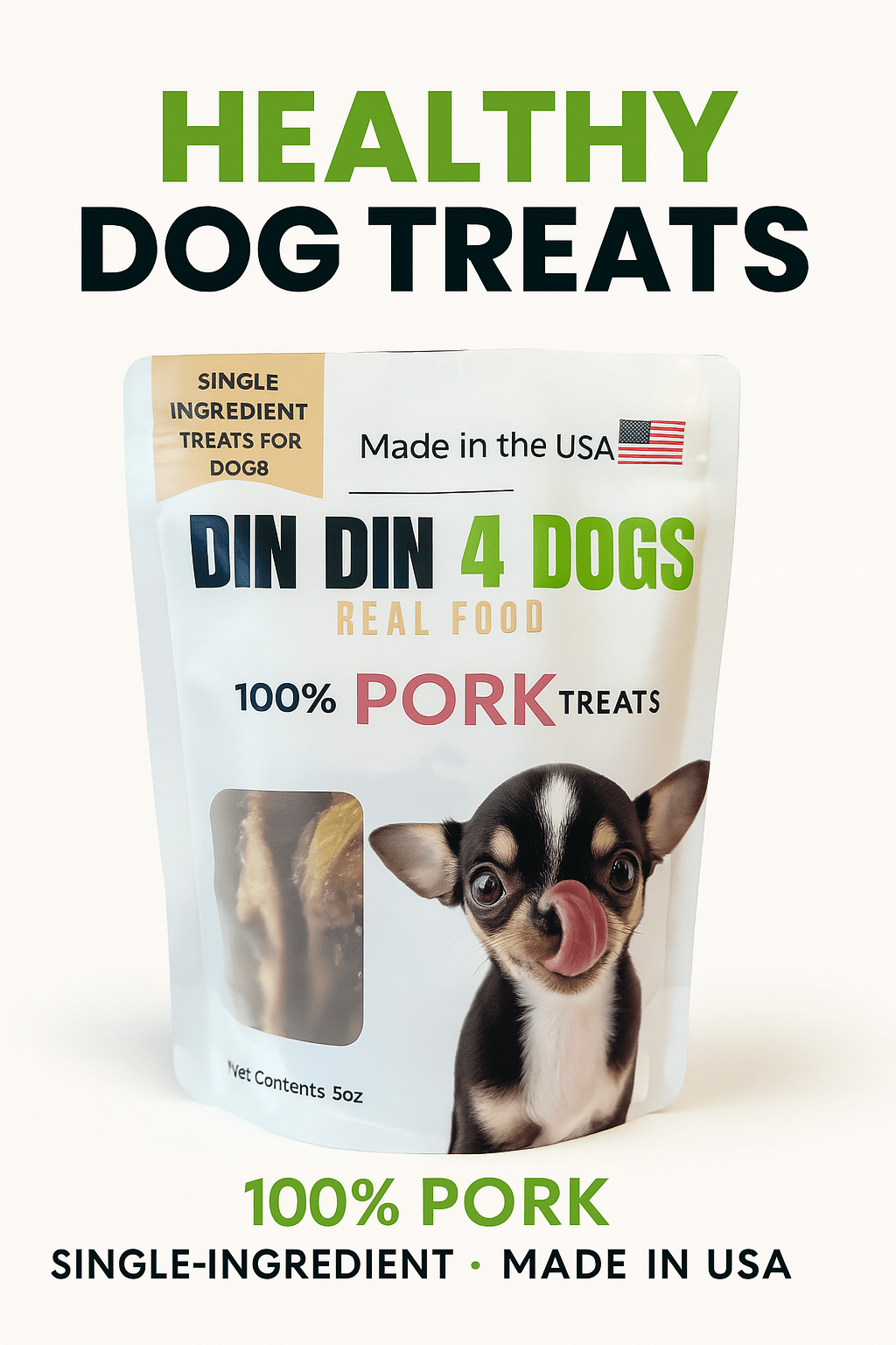 DIN DIN 4 DOGS real food pork treats packaging on a white background