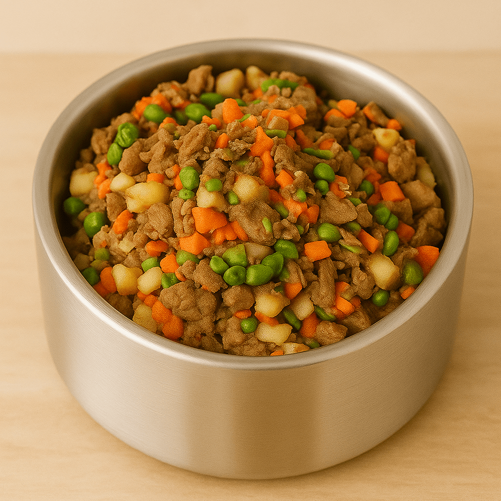 Metal bowl filled with pet food on a beige background
