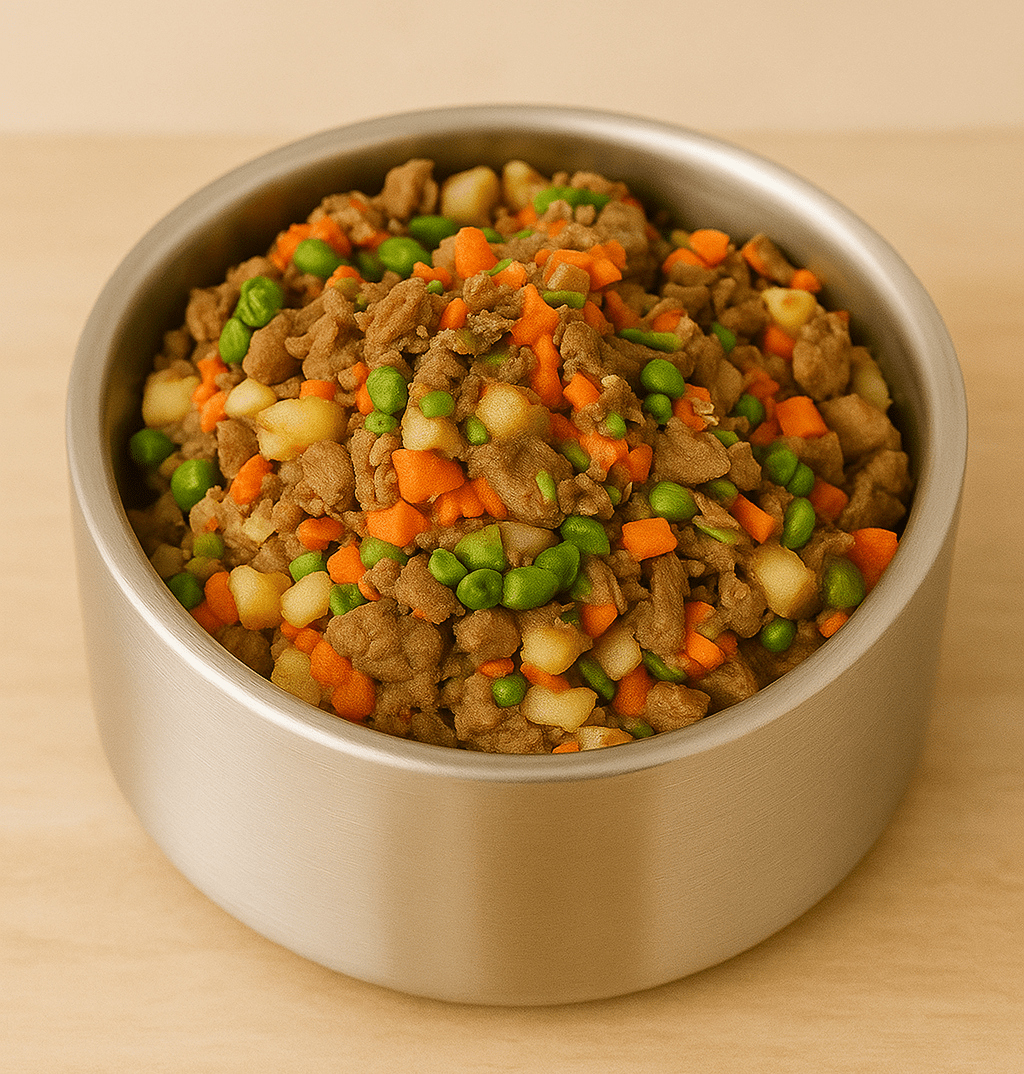 Metal bowl filled with pet food on a beige background