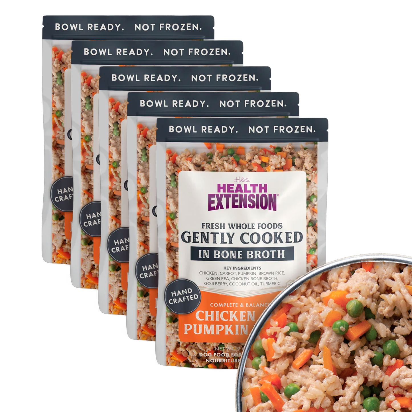 Health Extension pet food packages with a bowl of food in the foreground on a white background