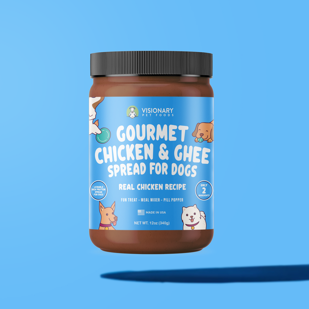 Jar of Gourmet Chicken & Ghee Spread for Dogs on a blue background