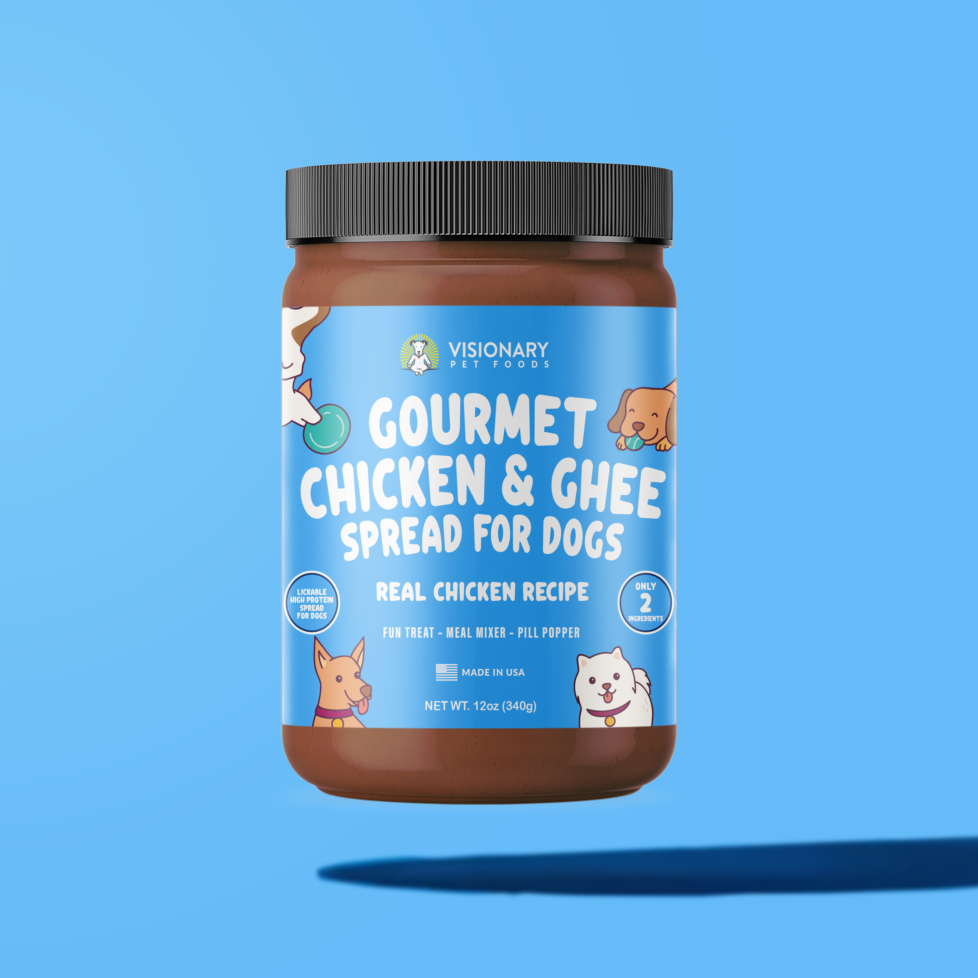 Jar of Gourmet Chicken & Ghee Spread for Dogs on a blue background