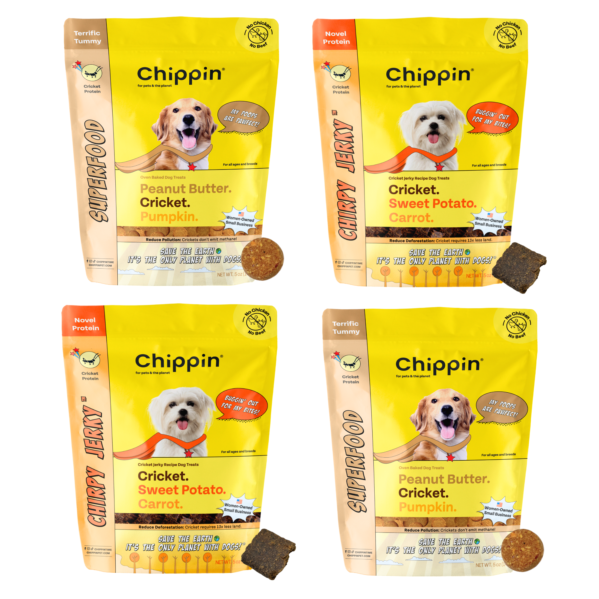 Four packages of Chippin dog food with different flavors on a white background