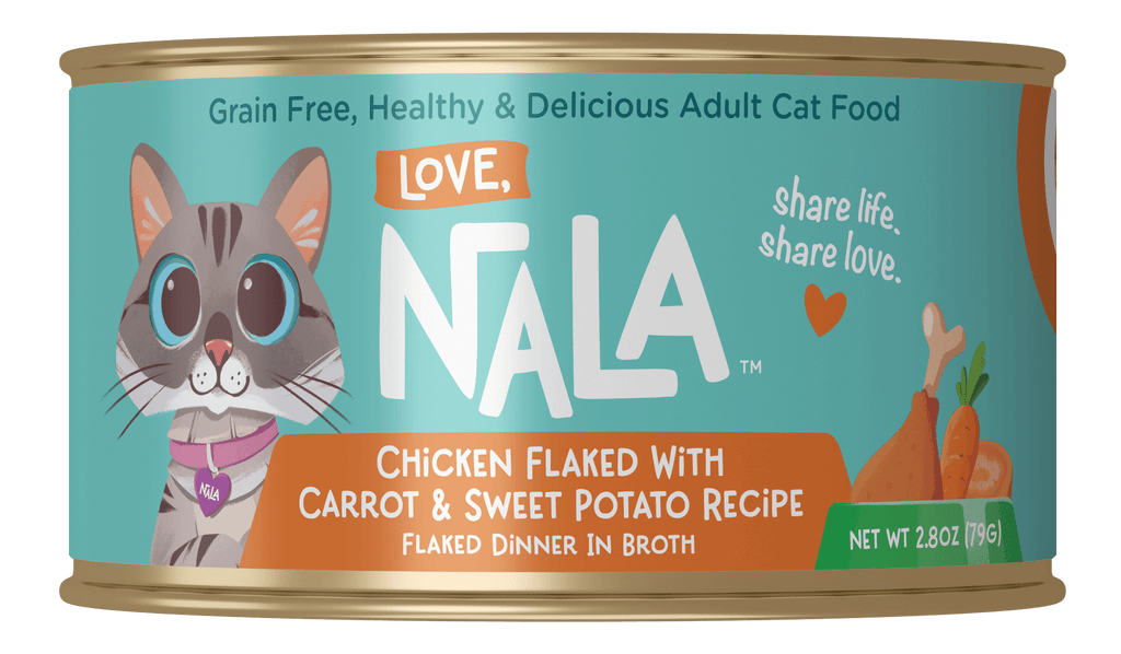 Can of Nala cat food with a cat illustration on a green background