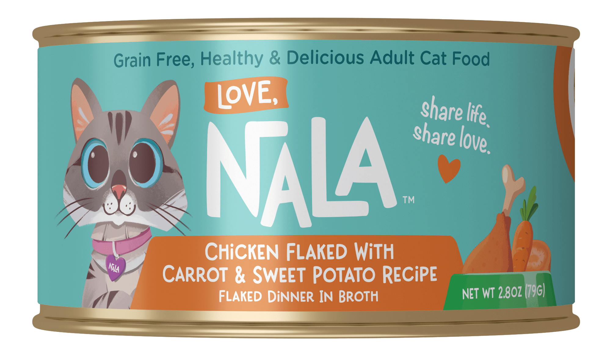 Can of Nala cat food with a cat illustration on a green background