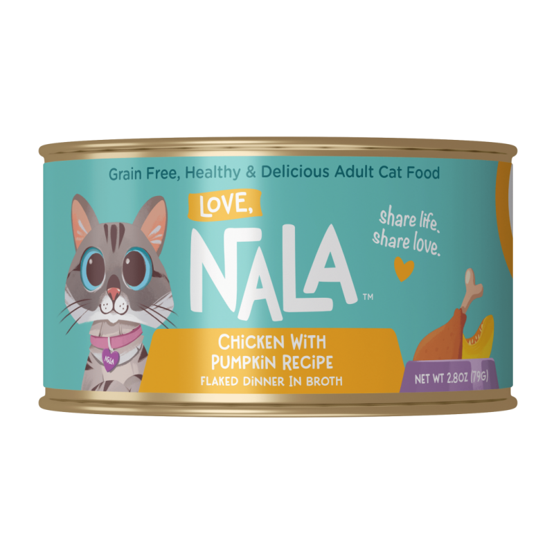 Can of Nala cat food with a colorful label on a white background