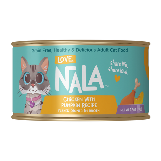 Can of Nala cat food with a colorful label on a white background