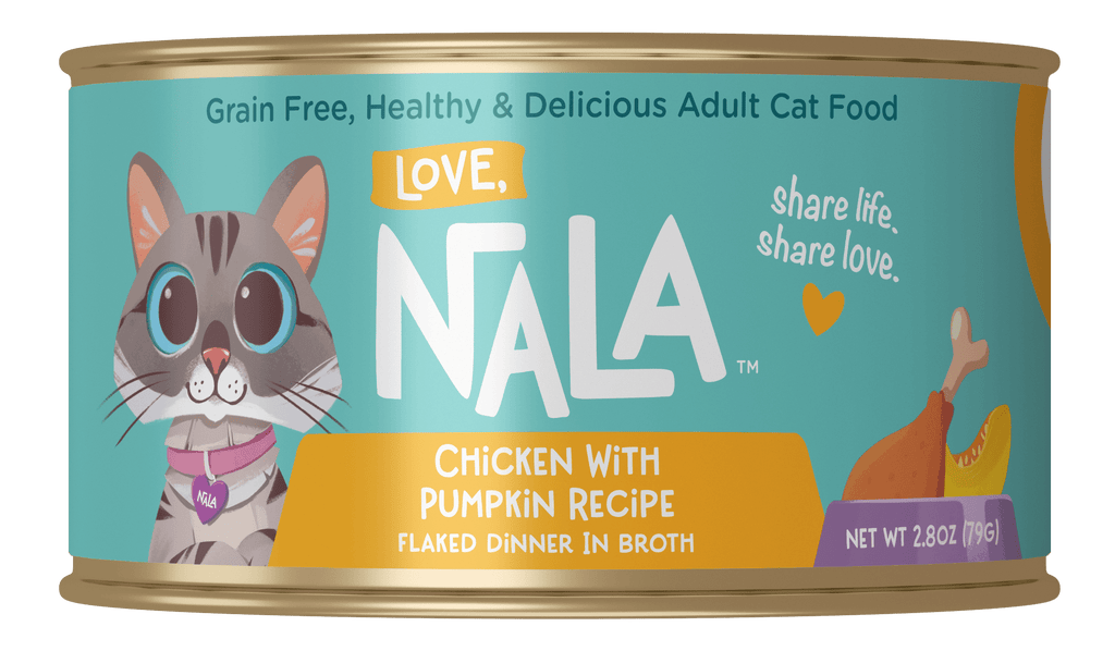Can of Nala cat food with a cat illustration on a teal background