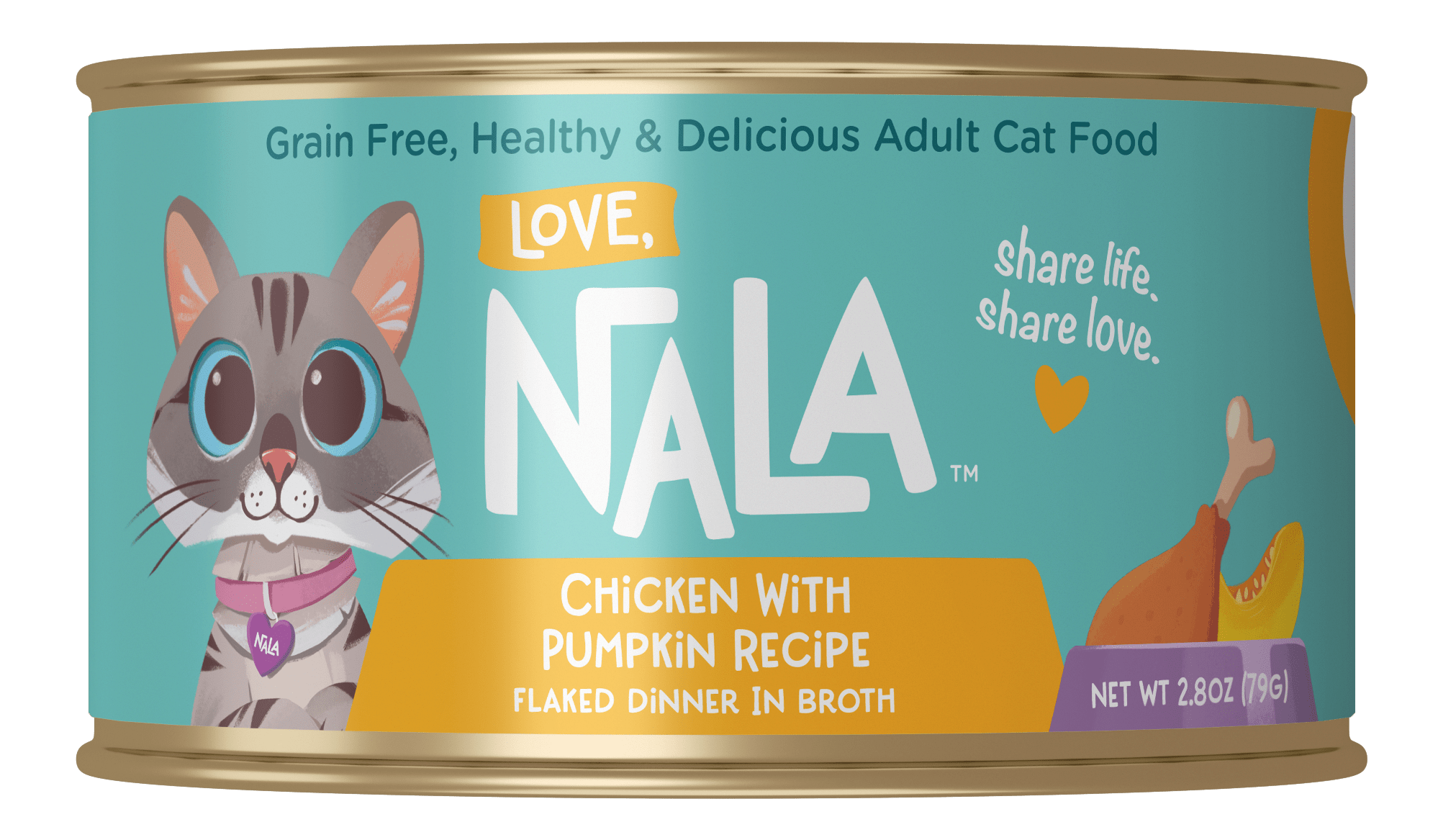 Can of Nala cat food with a cat illustration on a teal background
