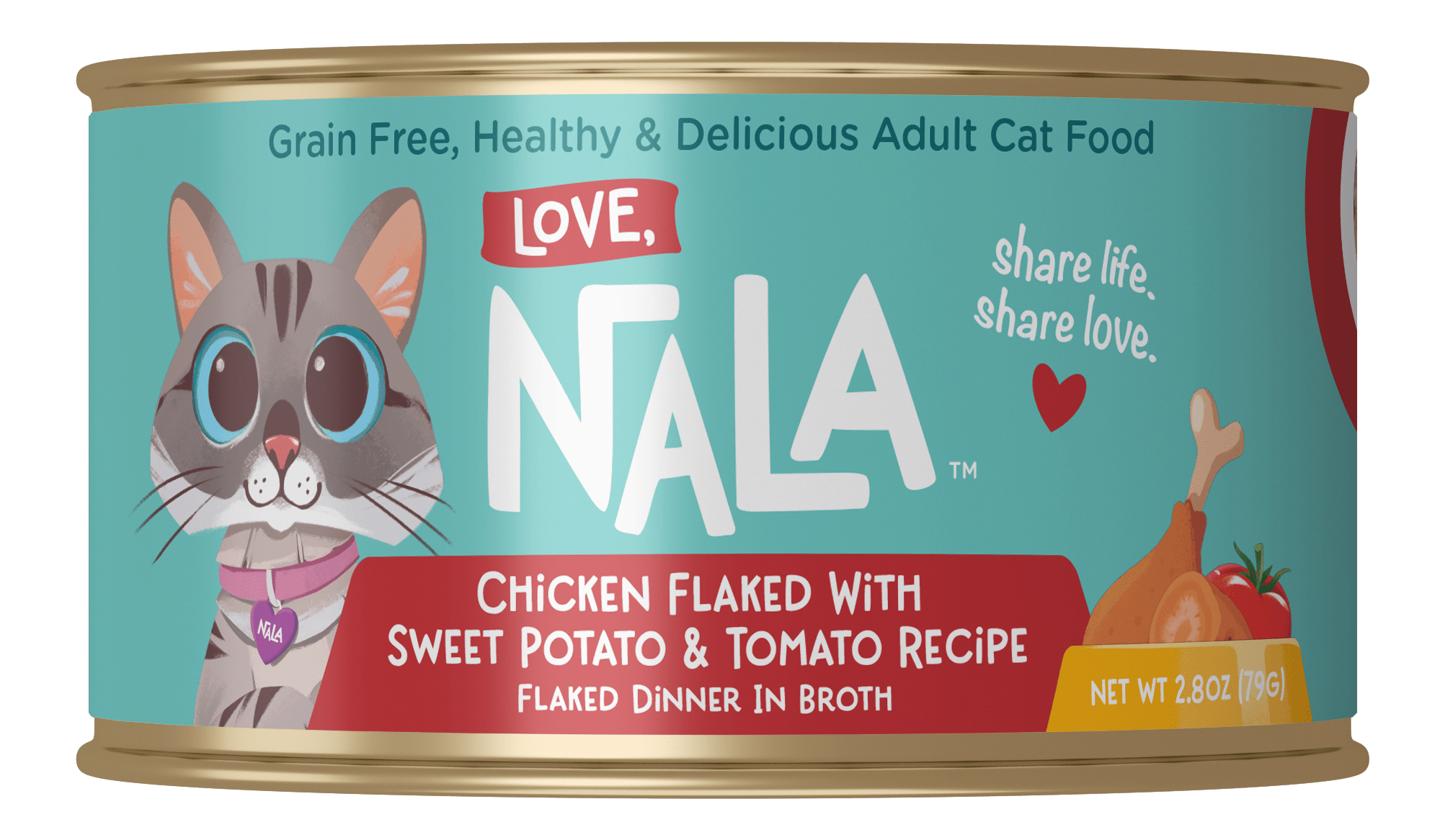 Can of Nala cat food with a cat illustration on a teal background