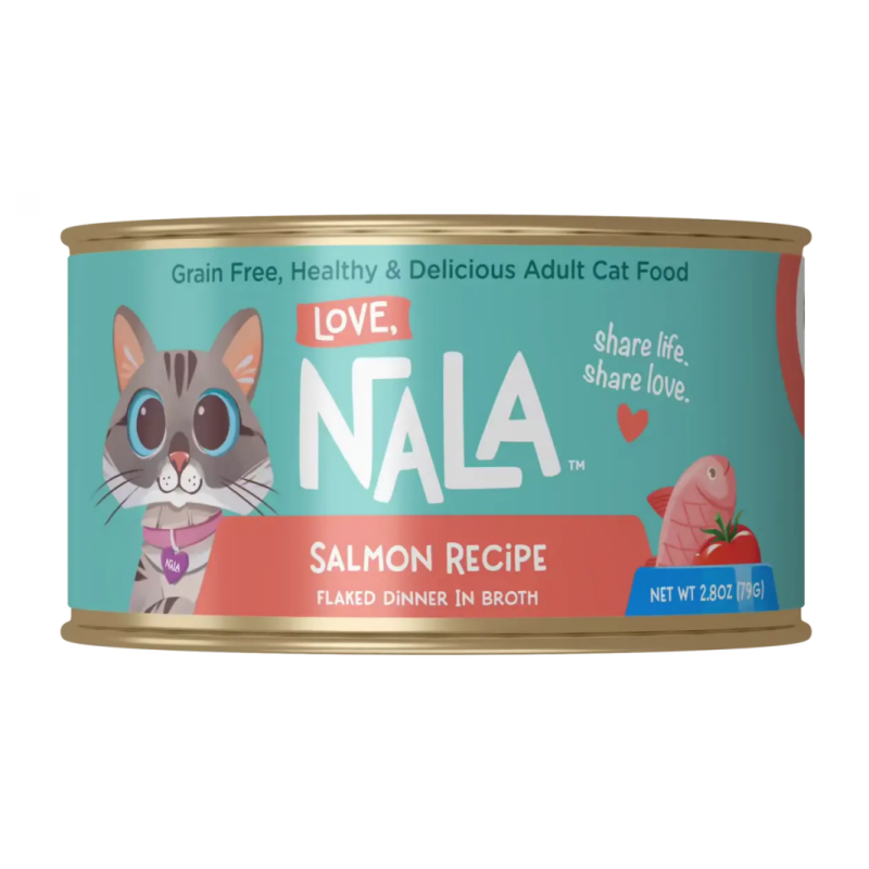 Can of NALA cat food with a salmon recipe on a white background