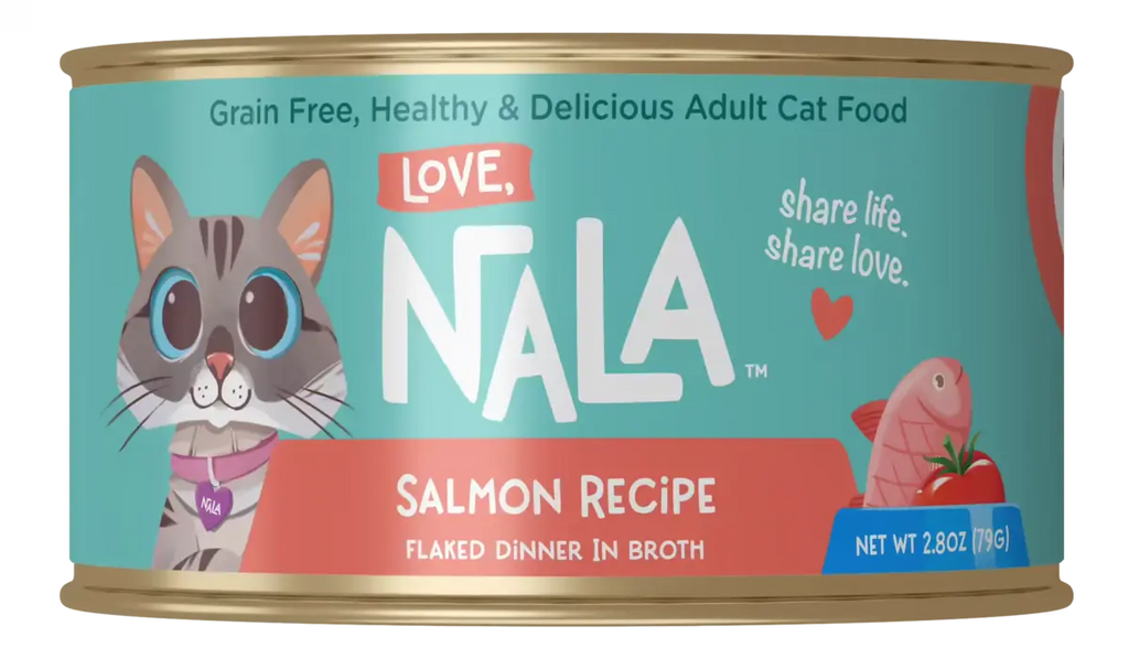 Can of Nala cat food with a salmon recipe on a teal background