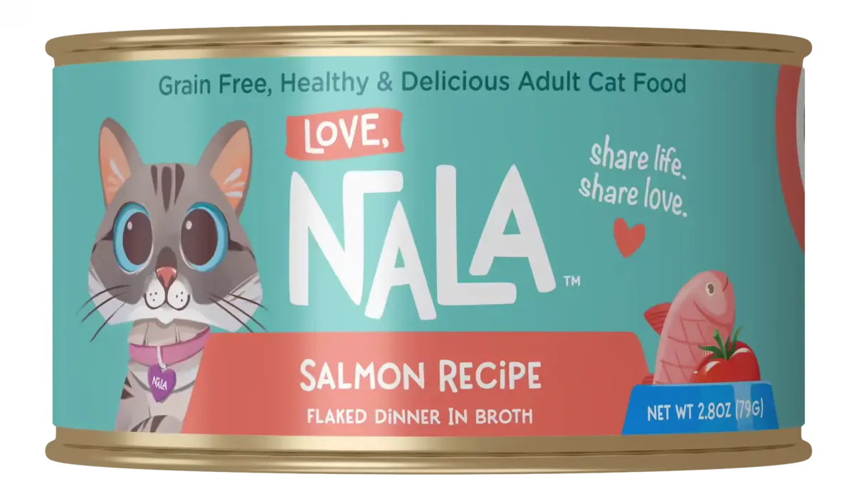 Can of Nala cat food with a salmon recipe on a teal background