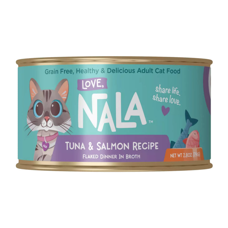 Can of NALA cat food with tuna and salmon recipe on a white background