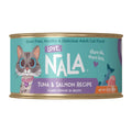 Can of NALA cat food with tuna and salmon recipe on a white background