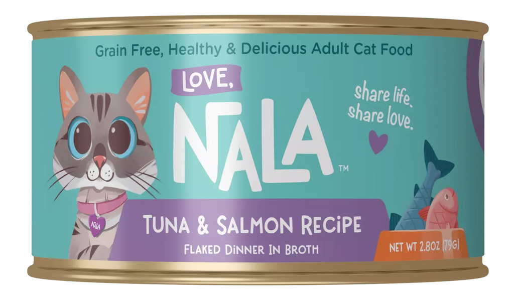 Can of Nala tuna & salmon cat food on a white background