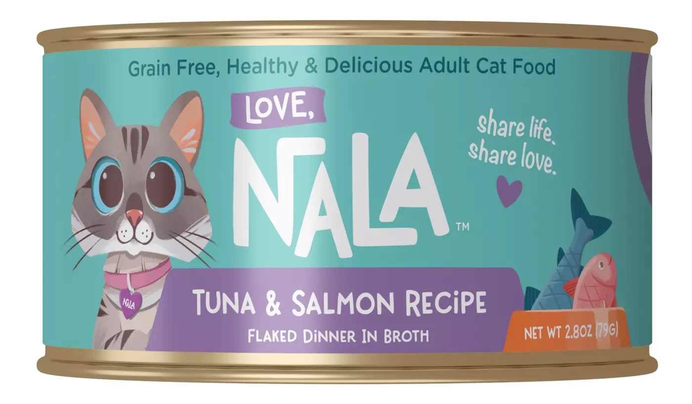 Can of Nala tuna & salmon cat food on a white background