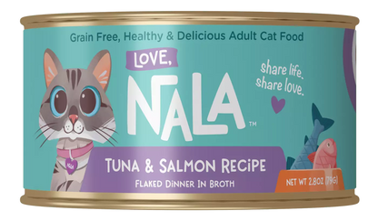 Can of Nala tuna & salmon cat food on a white background