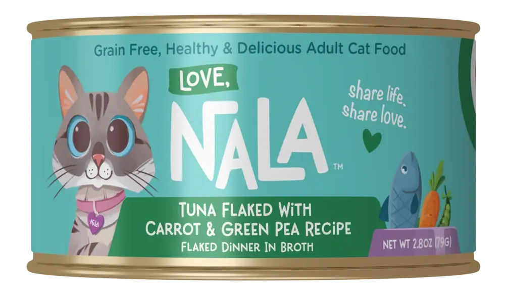 Can of Nala cat food with a cat illustration on a teal background