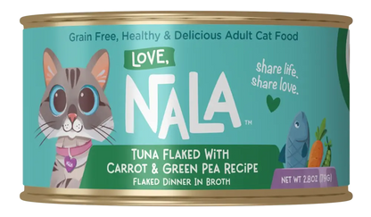 Can of Nala cat food with a cat illustration on a teal background
