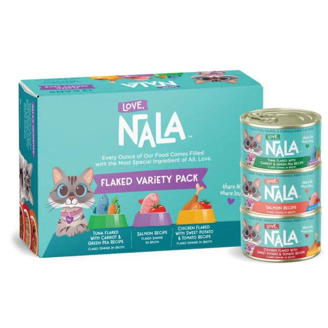 Nala cat food packaging with three cans on a white background