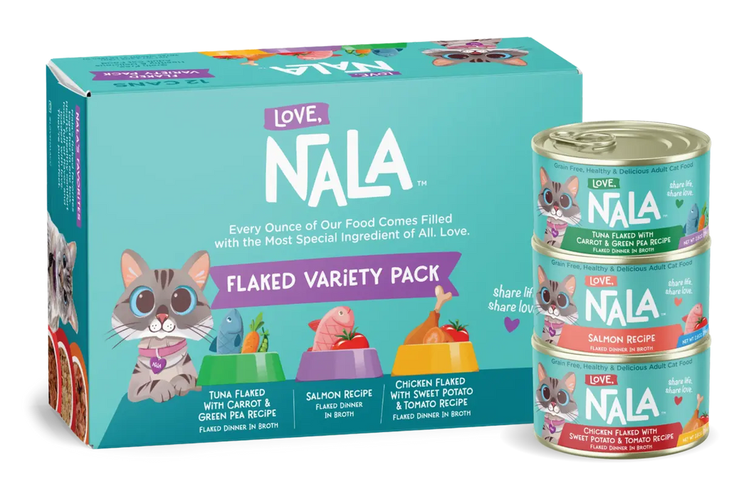 Love Nala cat food packaging and cans on a white background