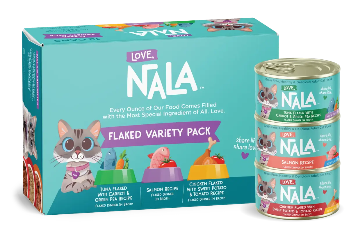 Love Nala cat food packaging and cans on a white background